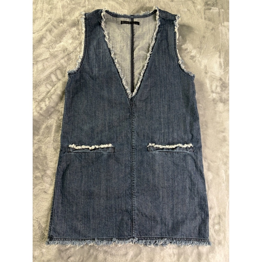 AllSaints Denim Pinafore Mini Dress Womens Size 4 Blue Raw Frayed Edge V-Neck
